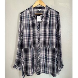 NWT J. Jill XL Button Down Plaid Shirt Purple White‎ Long Sleeve Soft Blouse NEW